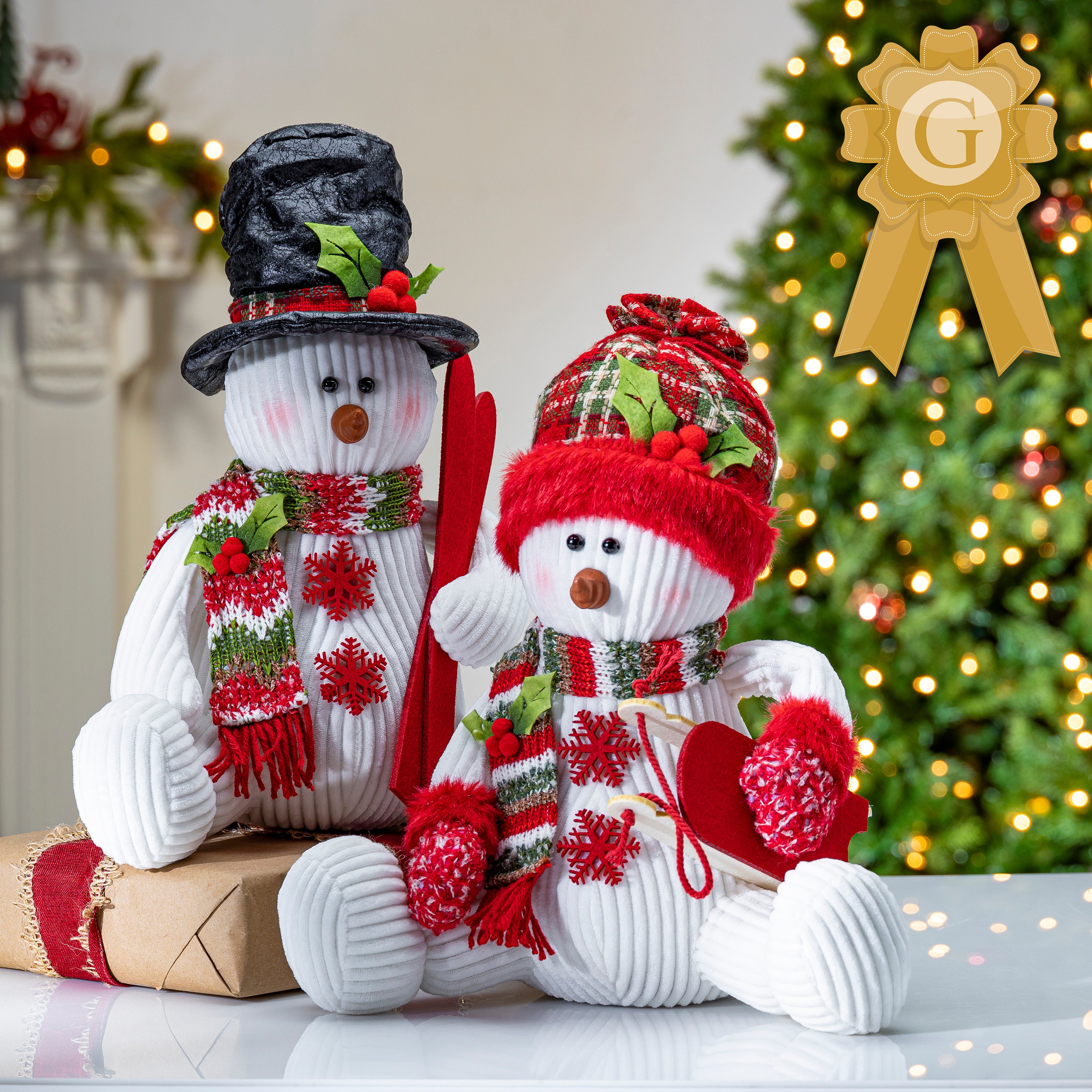 Set of 2 Holiday Snowman Figurine Decor, Red and Green